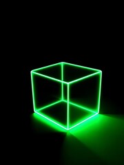 Geometric Neon Green Glowing Wireframe Cube on a Dark Black Background