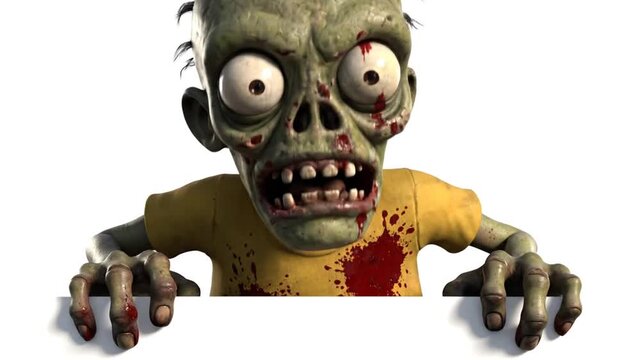 Cartoon Zombie Character With Spilled Blood Stains On Yellow T Shirt Peeking Over White Board Isolated On White Background