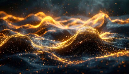 Glowing golden energy waves over a dark, textured surface, with particles