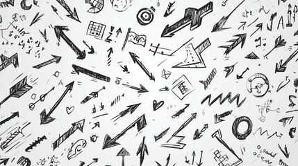 Artistic pattern of hand-drawn arrows and symbols on a white background