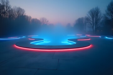 LED-lit skate park glowing through early morning fog.