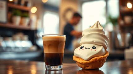 Naklejka premium Espresso shot and cornetto with barista counter for a classic Italian breakfast
