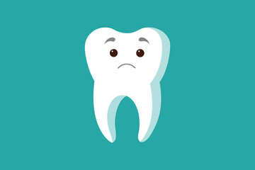 Sad Tooth Cartoon On Teal Background For Dental Care, Education, And Health Marketing