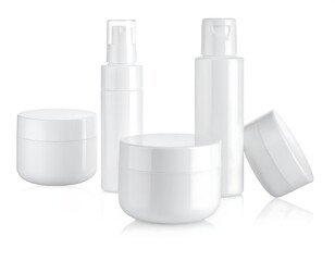 Group of white cosmetic containers on a white, reflective surface