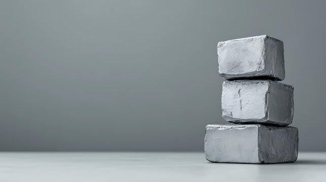 Silver blocks stacked present a minimalist, modern aesthetic. The simple geometry and metallic shine create a striking visual, perfect for conceptual designs.