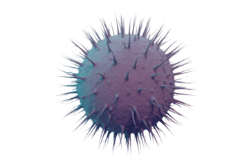 A detailed 3D render of a spiky, spherical microbe, likely a virus or bacteria, showcasing its purple and teal surface. background removed