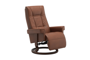 Comfortable brown leather recliner chair with an extended footrest and wooden swivel base, ideal for relaxation and home comfort. background removed