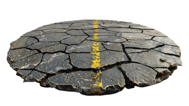 Cracked road with yellow line on transparent background