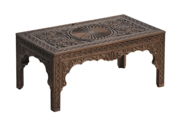 Intricate dark wooden coffee table with a sunburst design on top and detailed carved patterns on its decorative arched legs. background removed
