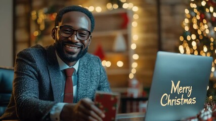 Black Businessman wishing Merry Christmas to employees or clients during online video call. Holiday theme "Merry Christmas" laptop.