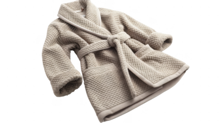 A folded terrycloth bathrobe on transparent background