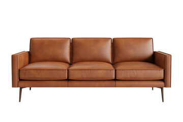 Naklejka premium A sleek, modern brown leather three-seater sofa with clean lines and tapered legs, perfect for a contemporary living space. background removed