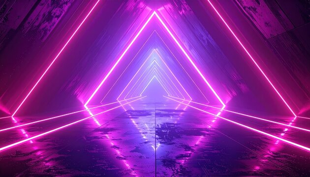 Neon lit triangular tunnel in shades of pink and purple