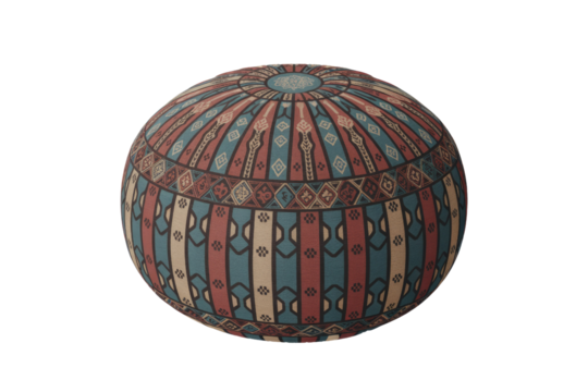 A vibrant round pouf showcasing intricate ethnic geometric patterns in shades of red, blue, and cream, perfect for bohemian decor. background removed - Powered by Adobe