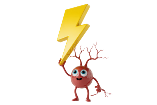 A cute red cartoon neuron-like creature with branching dendrites holds a bright yellow lightning bolt, symbolizing energy, ideas, or brain power on a transparent background. background removed - Powered by Adobe