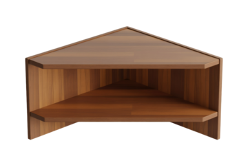A sleek, wooden corner shelf unit with two triangular shelves, perfect for display or storage in any room. Natural wood grain. background removed
