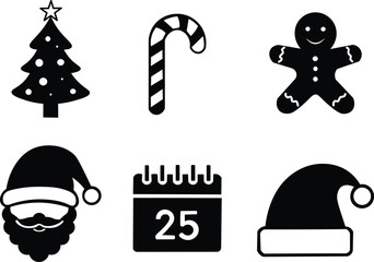 Delightful Christmas icons featuring a festive tree, sweet candy cane, smiling gingerbread, jolly Santa, calendar for December 25th, and warm hat