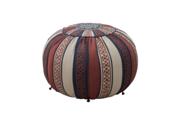 A round fabric pouf with vertical stripes in terracotta, cream, and dark blue, featuring intricate patterns and a central medallion. background removed