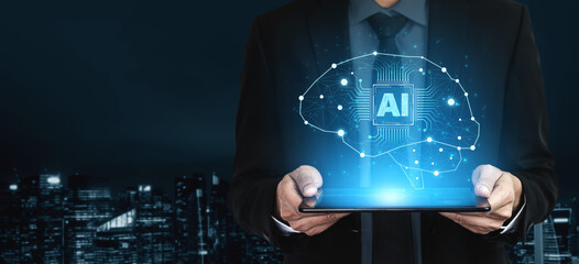 A concept of a deep learning neural network. The AI processor acts as the core of a digital brain,...