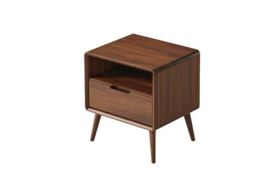 Modern dark wood nightstand featuring a single drawer with integrated pull and open shelf, supported by tapered legs. Clean design. background removed