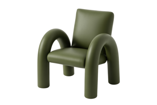 Modern dark olive green armchair featuring a unique, playful design with soft, voluminous tubular elements and a comfortable upholstered seat. background removed