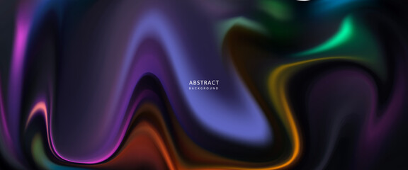 Abstract digital artwork with fluid neon waves in orange, teal, purple, and magenta tones on a dark background. Modern gradient swirl design perfect for technology themes, AI visuals,