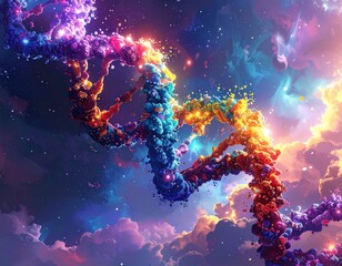 Glowing helix in vibrant space with swirling colors and celestial clouds