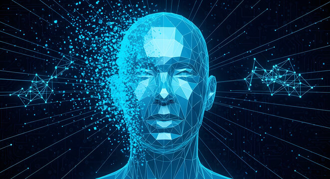 Futuristic digital human head sculpture emitting data particles towards a modern networked technology background