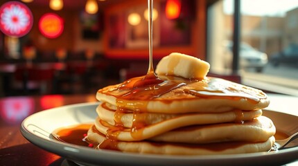 Fluffy pancakes dripping maple syrup with butter melting for classic USA breakfast