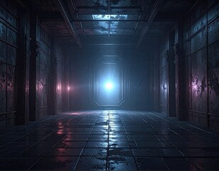 Fototapeta premium Illuminated futuristic corridor leads to a bright portal