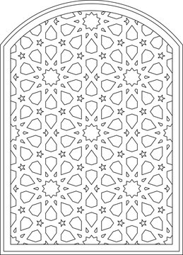 Traditional Islamic geometric star pattern in an arched window. Arabic ornamental tessellation for mosque or Ramadan design. Line art vector.