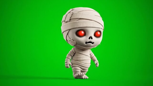 Cute Chibi Mummy Character with Glowing Red Eyes Walks Across a Seamless Green Screen Chroma Key Background in a Studio Lighting
