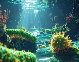 Microscopic view of vibrant microorganisms in an underwater cave