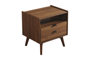 A stylish walnut wood nightstand with an open shelf and two minimalist drawers, featuring tapered legs. Ideal for modern bedroom decor. background removed