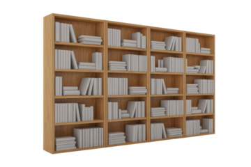 A 3D rendered wooden bookshelf, completely filled with numerous light gray, uniformly colored books. Perfect for educational, library, or home study projects. background removed