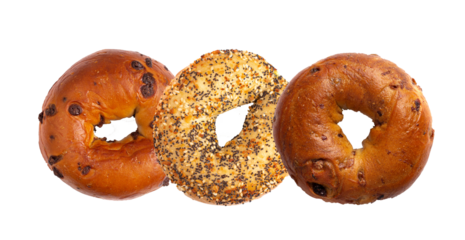 three delicious gourmet bagels displayed side-by-side, featuring chocolate chip, everything seasoning, and cinnamon raisin varieties, isolated on black.
