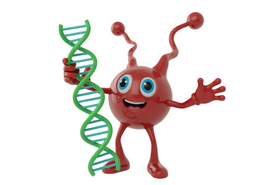 A cute red cartoon microbe character holds a green DNA helix, symbolizing genetic research, biology, or microbiology, with a friendly expression. background removed