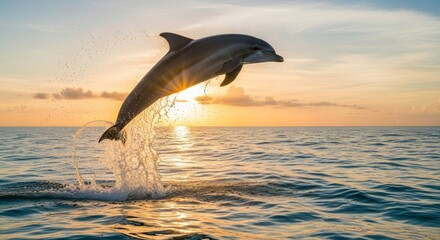 A dolphin leaps from ocean water against a beautiful golden sunset