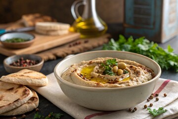 Egyptian Ful Medames with bowl of fava beans with olive oil drizzle