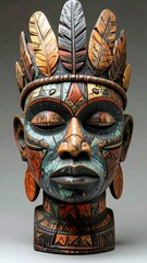 Ornate, carved wooden mask-like head with colorful details and feathers