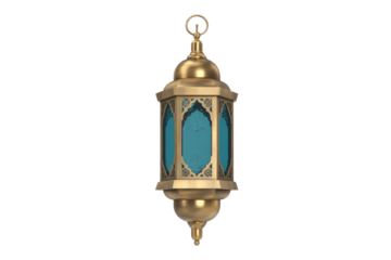 A stunning brass Islamic lantern with intricate gold designs and vibrant blue glass panels, ideal for festive decoration or cultural themes. background removed