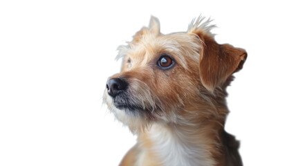 A terrier dog looking upward on transparent background