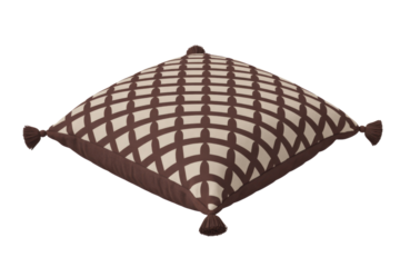 Stylish throw pillow featuring a geometric brown and beige pattern, complete with tassels on each corner, perfect for home decor. background removed