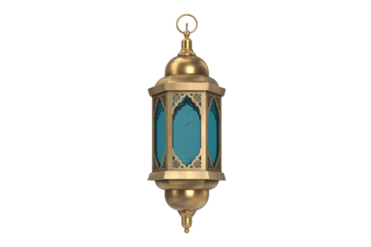 A stunning brass Islamic lantern with intricate gold designs and vibrant blue glass panels, ideal for festive decoration or cultural themes. background removed - Powered by Adobe