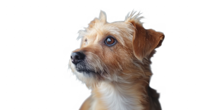 A terrier dog looking upward on transparent background