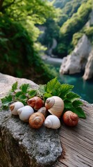 Fototapeta premium Close-up Macro View of Assorted Snails Clustered on Textured Wood with Lush Green Foliage and a Serene River Valley Background in Daylight