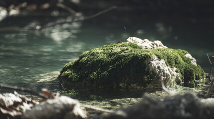Fototapeta premium charnel. A large moss-covered rock in a forest pool with flowing water. gardening catalogs, home-decor guides, designed for home decor and floral branding and gardening and botanical catalogs.