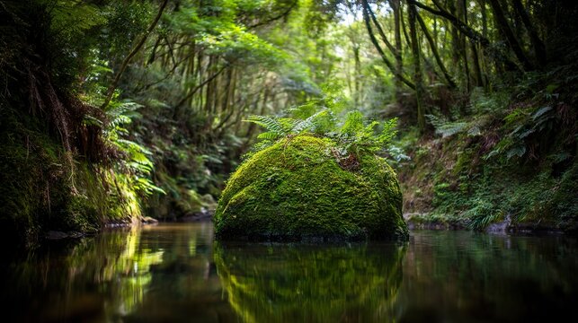 charnel. A large moss-covered rock in a forest pool with flowing water. gardening catalogs, home-decor guides, designed for home decor and floral branding and gardening and botanical catalogs.