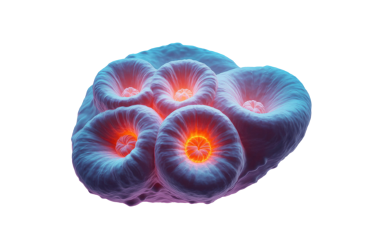 A captivating cluster of bioluminescent blue and purple organic forms with vibrant, glowing orange centers, reminiscent of deep-sea coral or abstract cells. background removed - Powered by Adobe