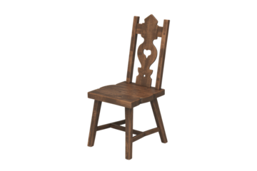 A rustic dark wooden chair featuring a beautifully carved heart-shaped cutout and decorative elements on its backrest, presented on a transparent background. background removed